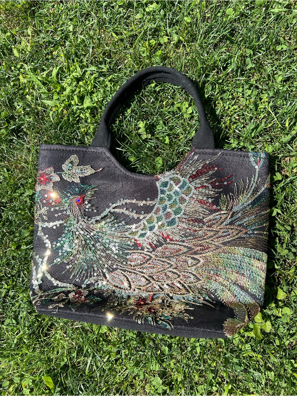 Embellished Black Peacock Tote Bag - Sparkling Sequin Design